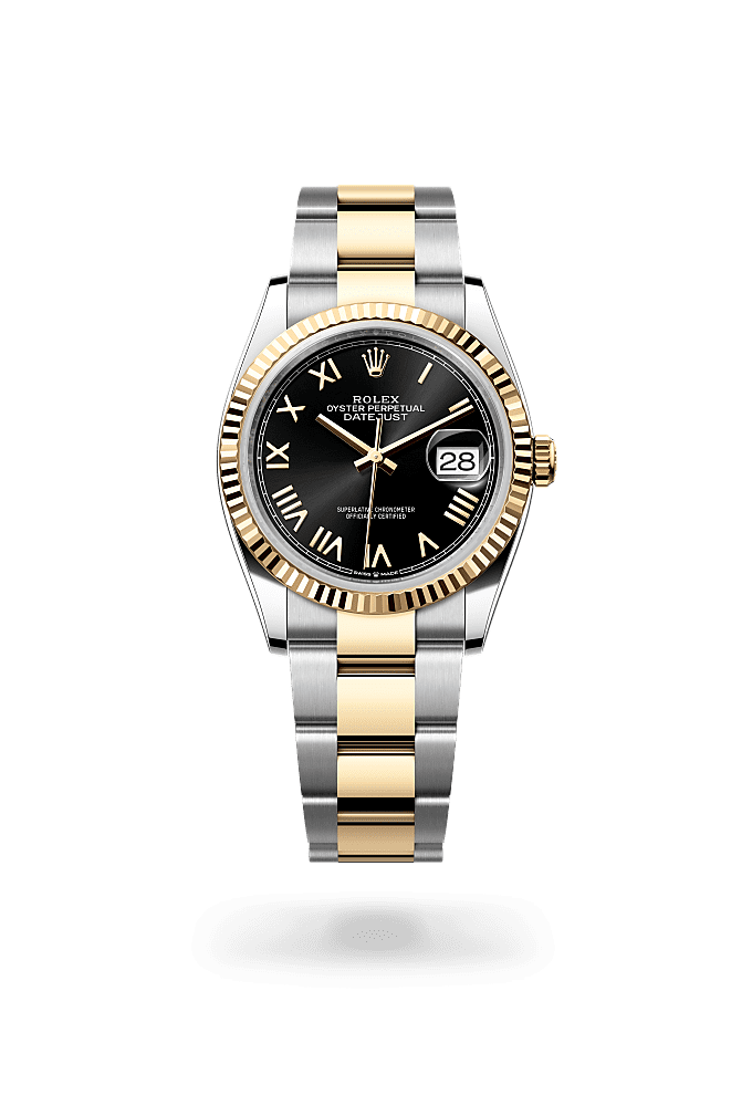 日志型 36, 蚝式，36毫米，黄金及蚝式钢, 表盘 : 亮黑色, Rolex