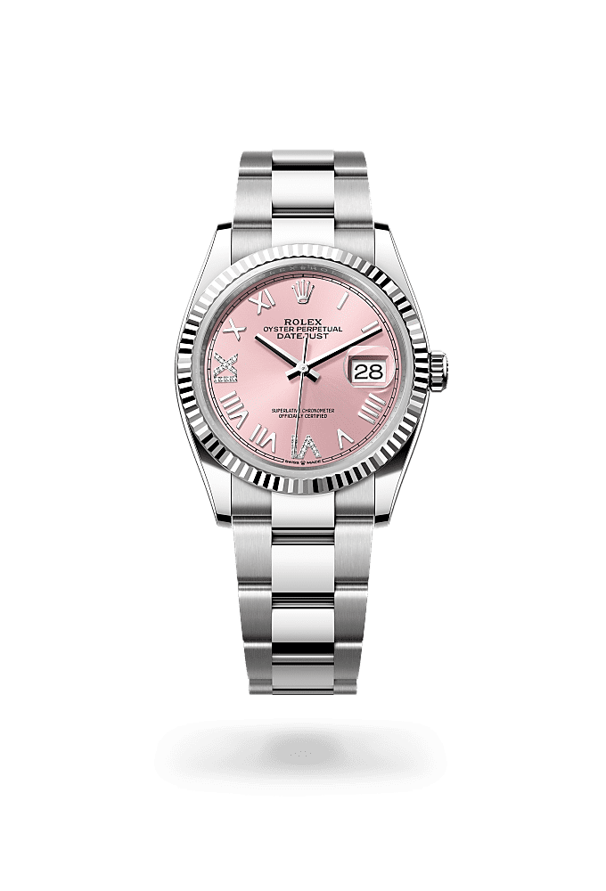 日志型 36, 蚝式，36毫米，白色黄金及蚝式钢, 表盘 : 粉红色，镶钻石, Rolex