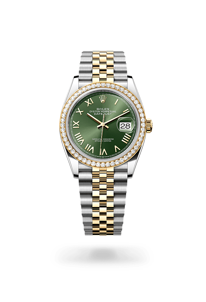 日志型 36, 蚝式,36毫米,钻石、黄金及蚝式钢, 表盘 : 橄榄绿色, Rolex