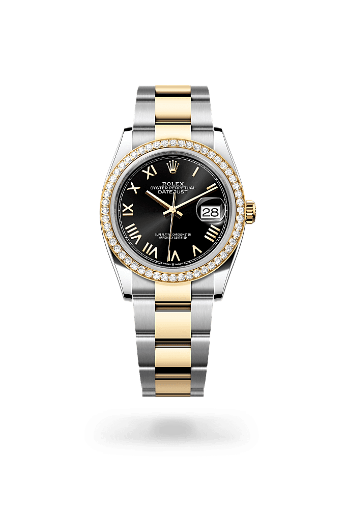 日志型 36, 蚝式，36毫米，钻石、黄金及蚝式钢, 表盘 : 亮黑色, Rolex