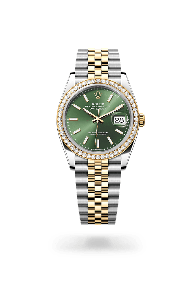 日志型 36, 蚝式，36毫米，钻石、黄金及蚝式钢, 表盘 : 橄榄绿色, Rolex