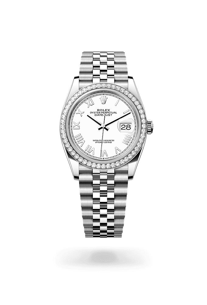 日志型 36, 蚝式，36毫米，钻石、白色黄金及蚝式钢, 表盘 : 白色, Rolex