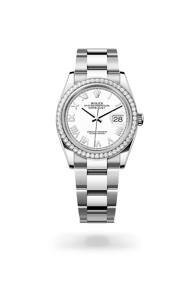 日志型 36, 蚝式，36毫米，钻石、白色黄金及蚝式钢, 表盘 : 白色, Rolex