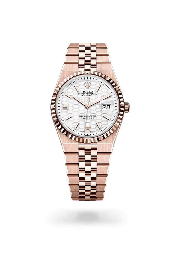 Land-Dweller 36, Oyster, 36 mm, Everose gold, Dial : Intense white, honeycomb motif, Rolex