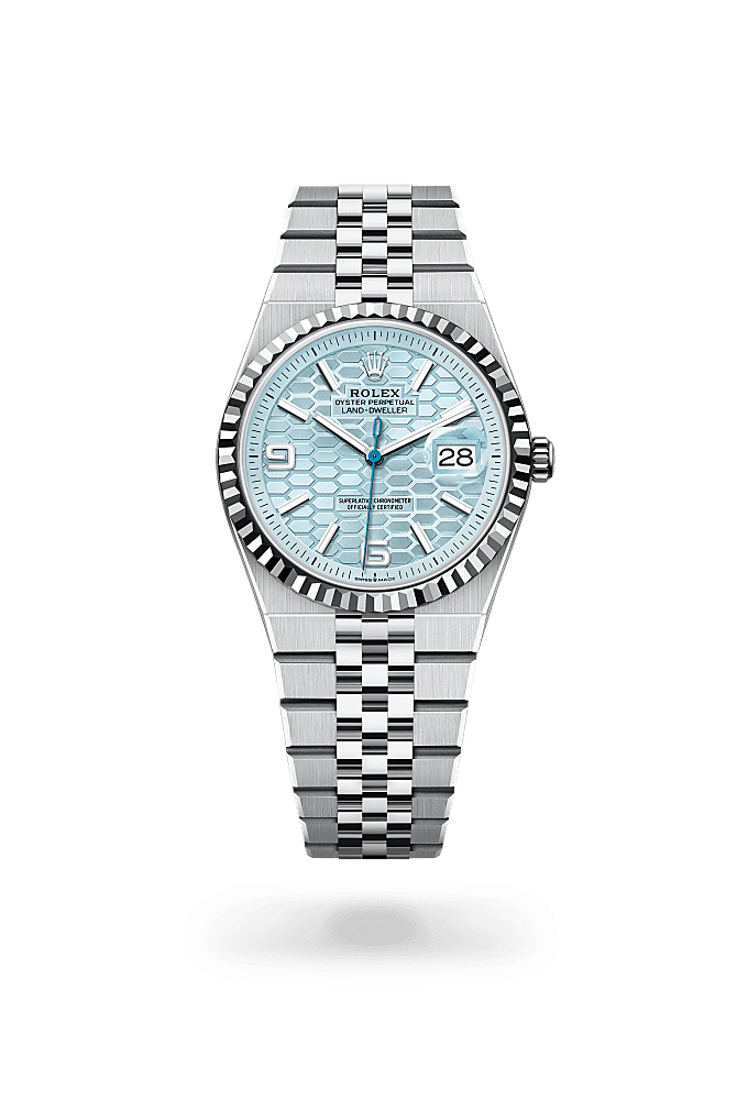 Land-Dweller 36, Oyster, 36 mm, platinum, Dial : Ice blue, honeycomb 
motif, Rolex