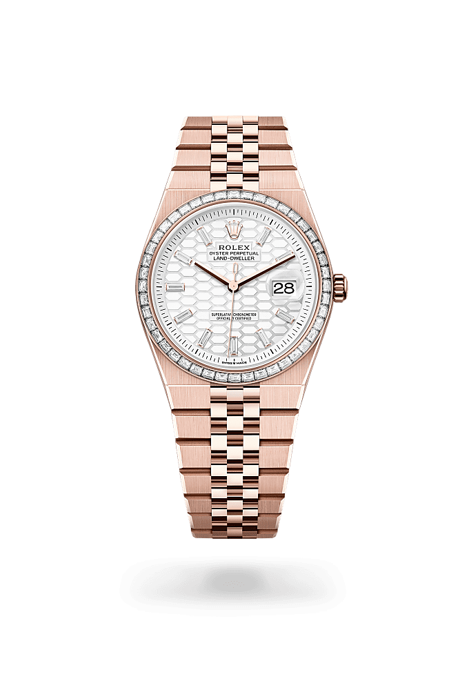 Land-Dweller 36, Oyster, 36 mm, Everose gold and diamonds, Dial : Intense white, honeycomb motif set with diamonds, Rolex