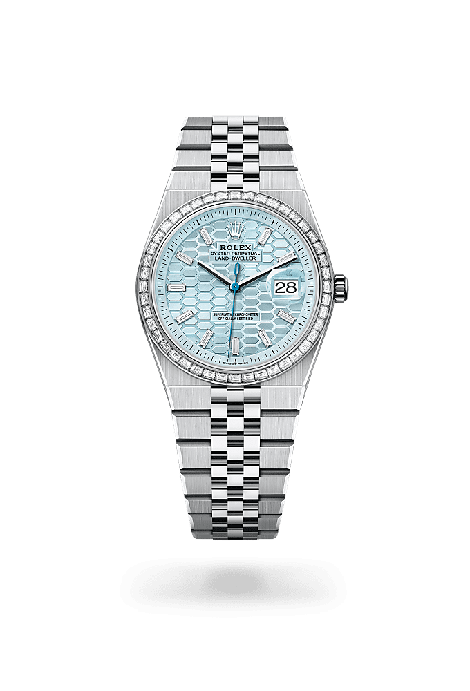 Land-Dweller 36, Oyster, 36 mm, platinum and diamonds, Dial : Ice blue, honeycomb motif set with diamonds, Rolex