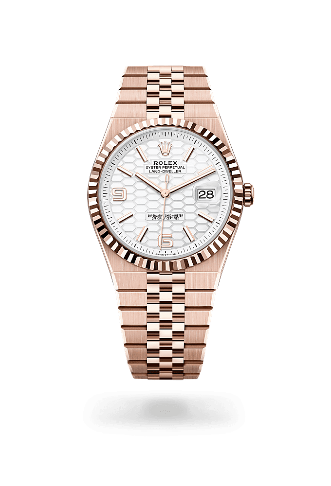 Land-Dweller 40, Oyster, 40 mm, Everose gold, Dial : Intense white, honeycomb motif, Rolex