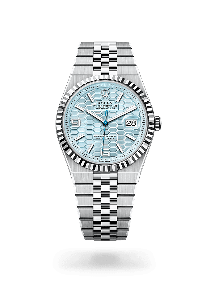 Land-Dweller 40, Oyster, 40 mm, platinum, Dial : Ice blue, honeycomb 
motif, Rolex