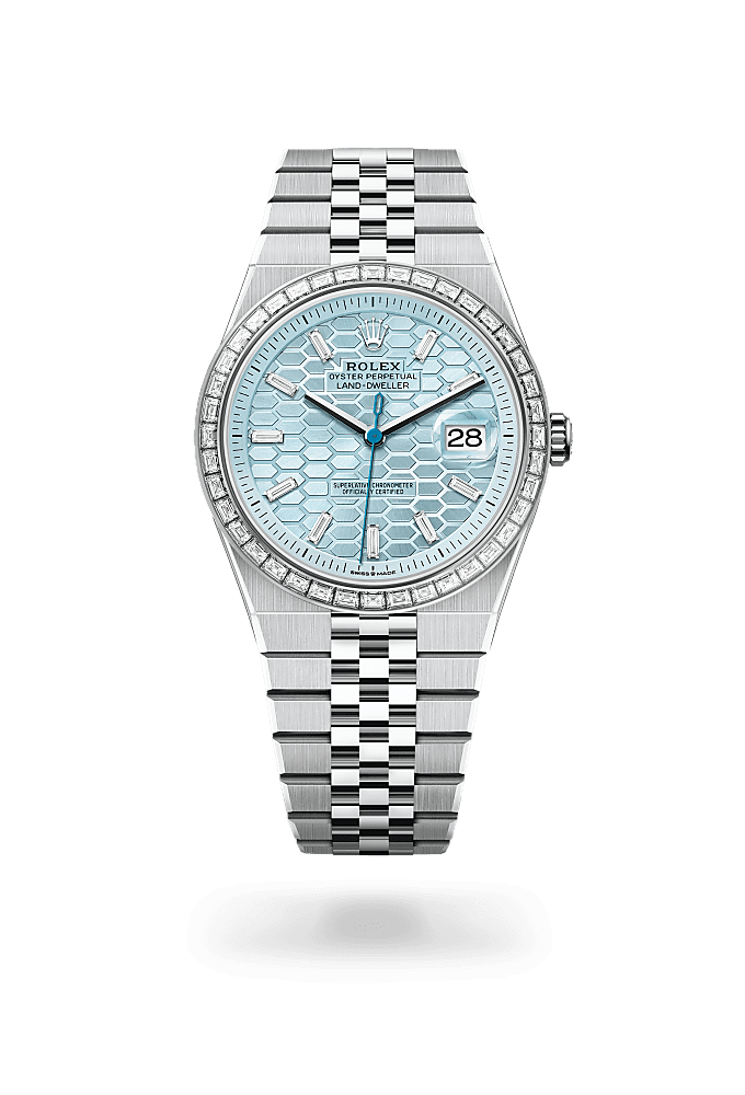 Land-Dweller 40, Oyster, 40 mm, platinum and diamonds, Dial : Ice blue, honeycomb motif set with diamonds, Rolex