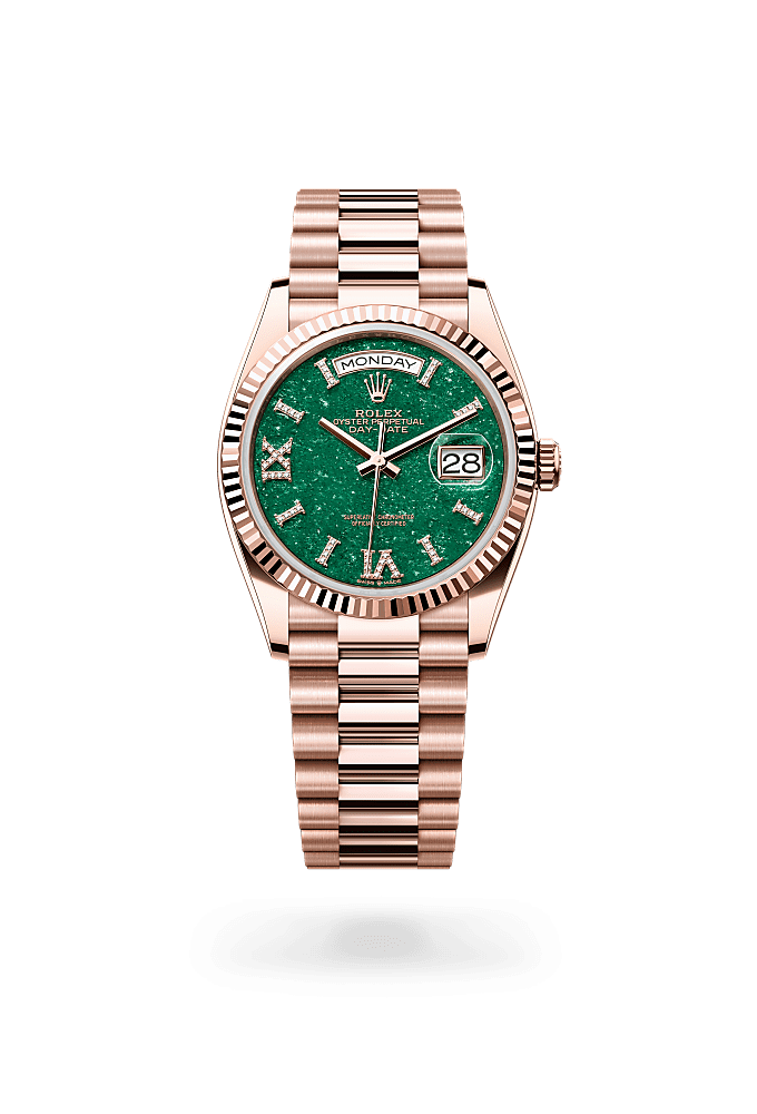 星期日历型 36, 蚝式，36毫米，永恒玫瑰金, 表盘 : 绿色砂金石，镶钻石, Rolex