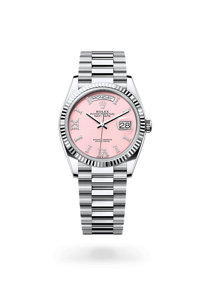 星期日历型 36, 蚝式，36毫米，铂金, 表盘 : 粉红色蛋白石，镶钻石, Rolex