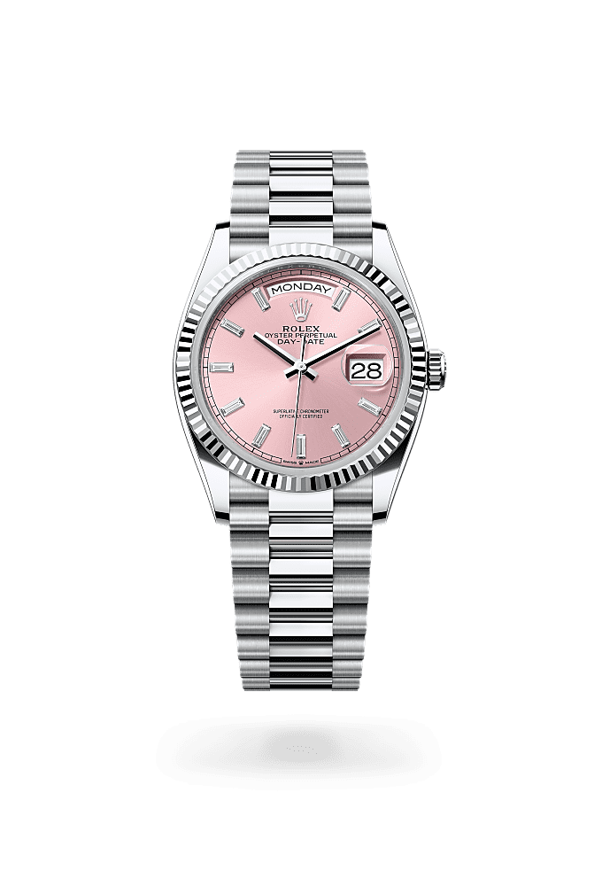 Day-Date 36, Oyster, 36 mm, platinum, Dial : Pink set with diamonds, Rolex