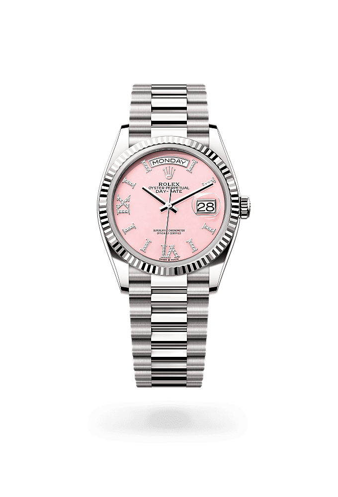 星期日历型 36, 蚝式，36毫米，白色黄金, 表盘 : 粉红色蛋白石，镶钻石, Rolex