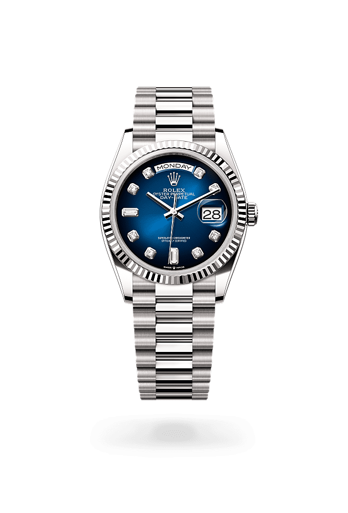 星期日历型 36, 蚝式，36毫米，白色黄金, 表盘 : 渐变蓝色，镶钻石, Rolex
