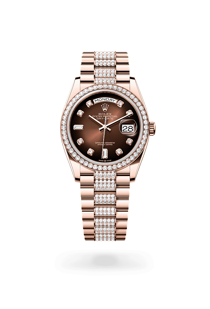 星期日历型 36, 蚝式，36毫米，钻石及永恒玫瑰金, 表盘 : 渐变棕色，镶钻石, Rolex