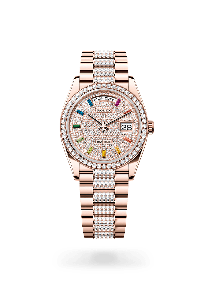 星期日历型 36, 蚝式，36毫米，钻石及永恒玫瑰金, 表盘 : 密镶钻石, Rolex