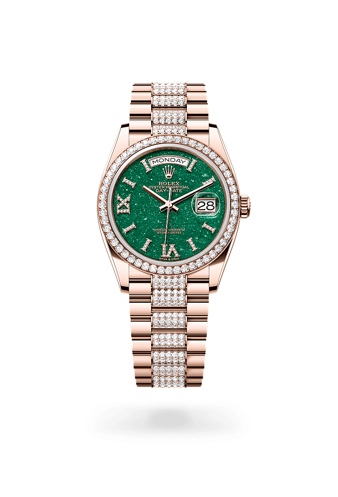 Day-Date 36, Oyster, 36 mm, Everose gold and diamonds, Dial : Green aventurine set with diamonds, Rolex