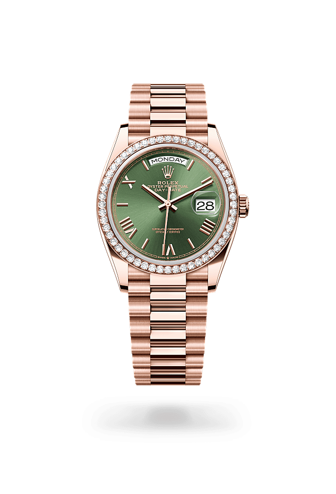 星期日历型 36, 蚝式，36毫米，钻石及永恒玫瑰金, 表盘 : 橄榄绿色, Rolex