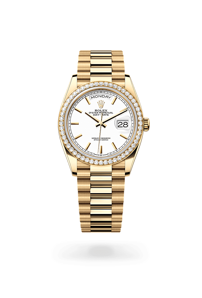 星期日历型 36, 蚝式，36毫米，钻石及黄金, 表盘 : 白色, Rolex