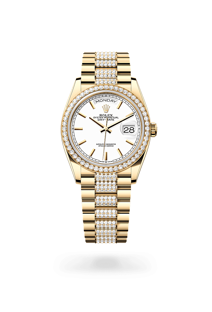 星期日历型 36, 蚝式，36毫米，钻石及黄金, 表盘 : 白色, Rolex