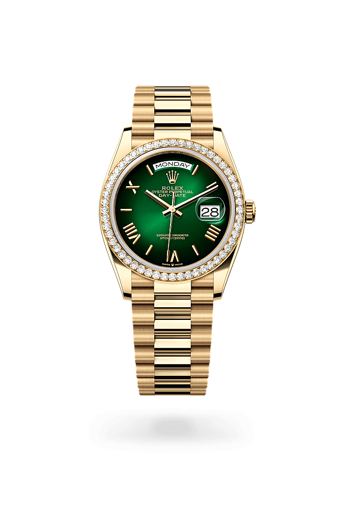 星期日历型 36, 蚝式,36毫米,钻石及黄金, 表盘 : 渐变绿色, Rolex