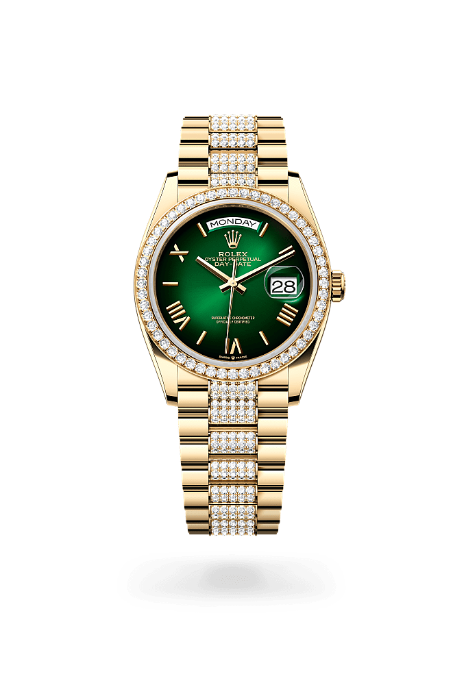 星期日历型 36, 蚝式，36毫米，钻石及黄金, 表盘 : 渐变绿色, Rolex