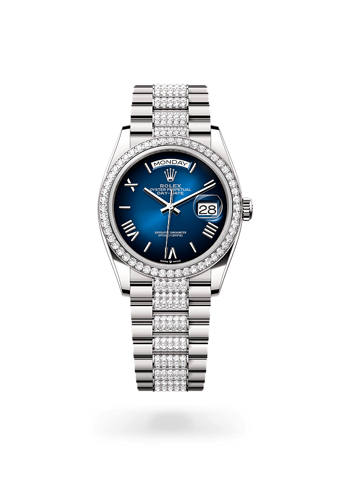 星期日历型 36, 蚝式，36毫米，钻石及白色黄金, 表盘 : 渐变蓝色, Rolex