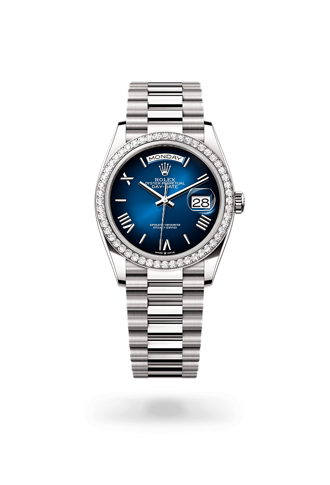 星期日历型 36, 蚝式，36毫米，钻石及白色黄金, 表盘 : 渐变蓝色, Rolex