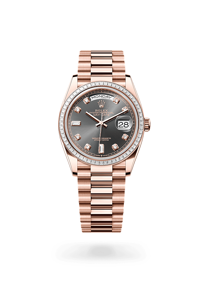 星期日历型 36, 蚝式，36毫米，钻石及永恒玫瑰金, 表盘 : 石板灰色，镶钻石, Rolex