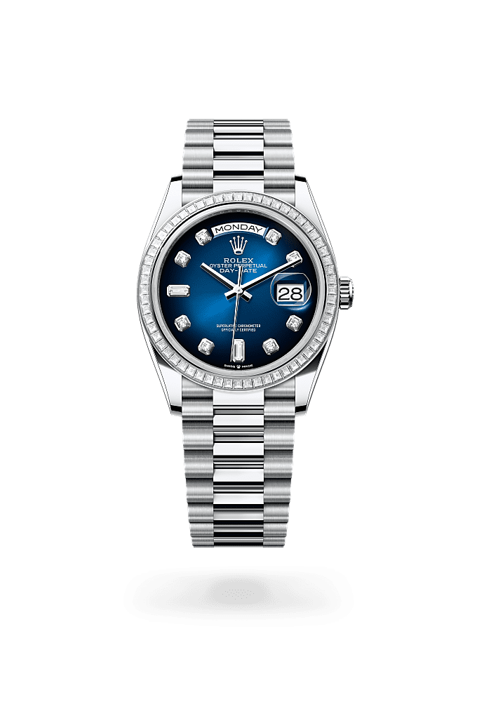 Day-Date 36, Oyster, 36 mm, platinum and diamonds, Dial : Blue ombré set with diamonds, Rolex