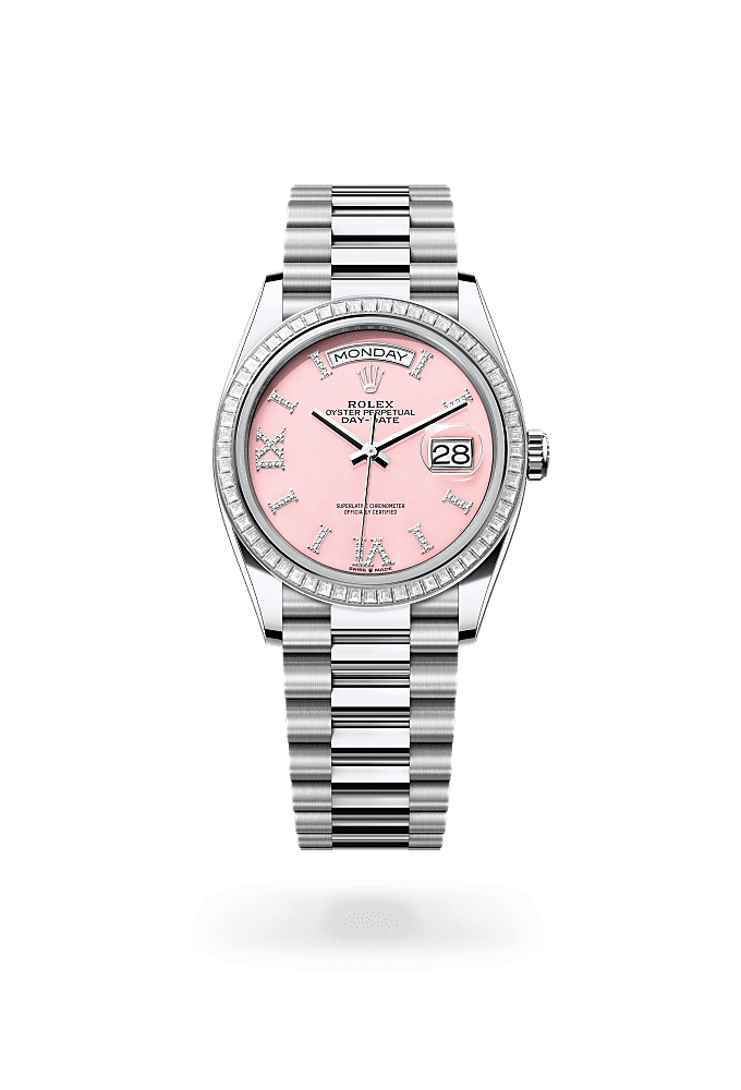 Day-Date 36, Oyster, 36 mm, platinum and diamonds, Dial : Pink opal set with diamonds, Rolex