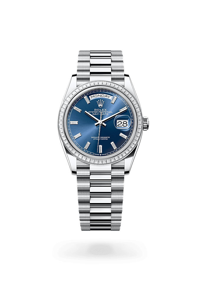 Day-Date 36, Oyster, 36 mm, platinum and diamonds, Dial : Bright blue set with diamonds, Rolex
