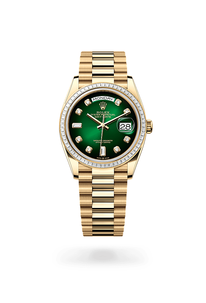 星期日历型 36, 蚝式，36毫米，钻石及黄金, 表盘 : 渐变绿色，镶钻石, Rolex