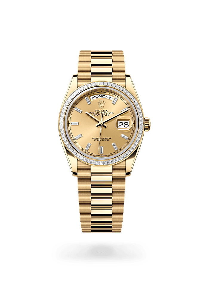 星期日历型 36, 蚝式，36毫米，钻石及黄金, 表盘 : 香槟色，镶钻石, Rolex