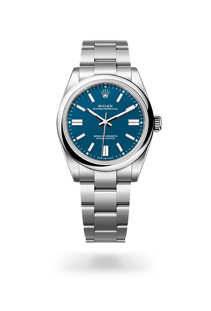 Oyster Perpetual 41, Oyster, 41 mm, Oystersteel, Dial : Med blue, Rolex