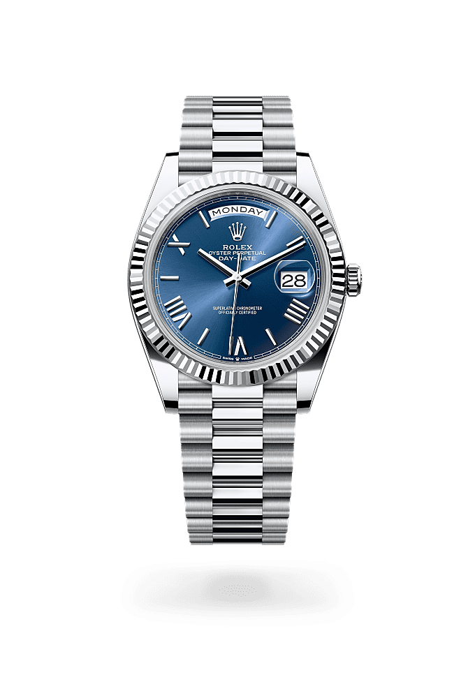 星期日历型 40, 蚝式，40毫米，铂金, 表盘 : 亮蓝色, Rolex