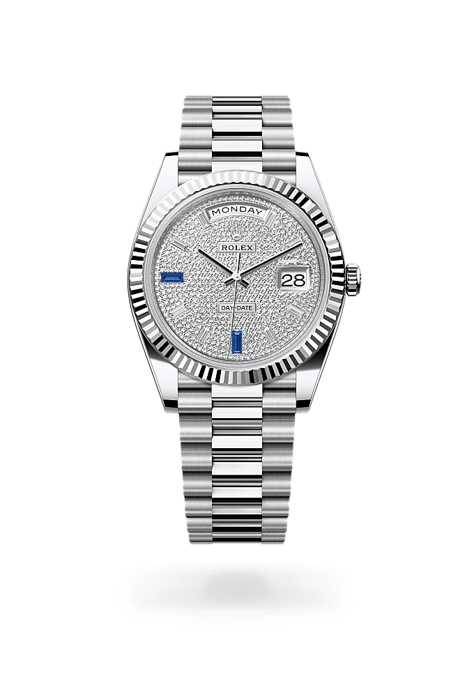 Day-Date 40, Oyster, 40 mm, platinum, Dial : Paved with diamonds and sapphires, Rolex