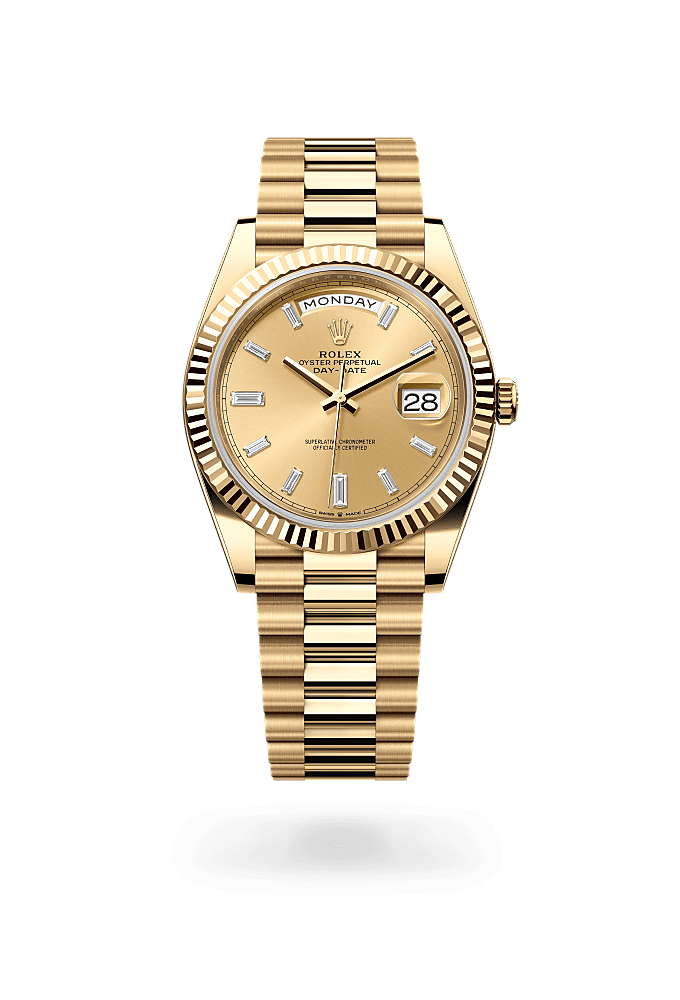 星期日历型 40, 蚝式，40毫米，黄金, 表盘 : 香槟色，镶钻石, Rolex