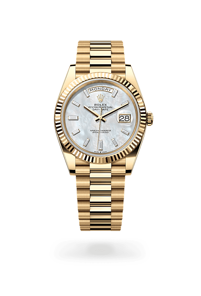 星期日历型 40, 蚝式，40毫米，黄金, 表盘 : 白色珍珠母，镶钻石, Rolex