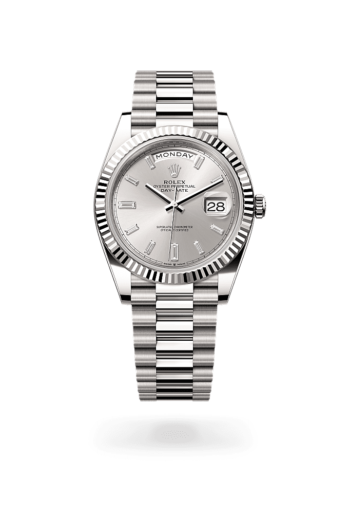 星期日历型 40, 蚝式，40毫米，白色黄金, 表盘 : 银色，镶钻石, Rolex