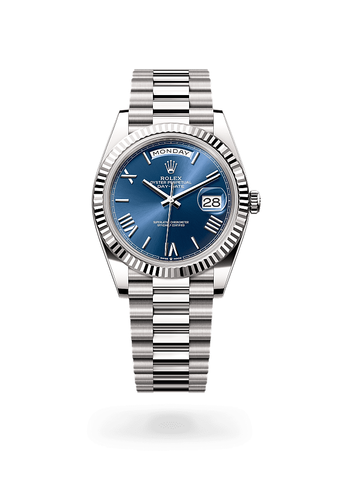 星期日历型 40, 蚝式，40毫米，白色黄金, 表盘 : 亮蓝色, Rolex