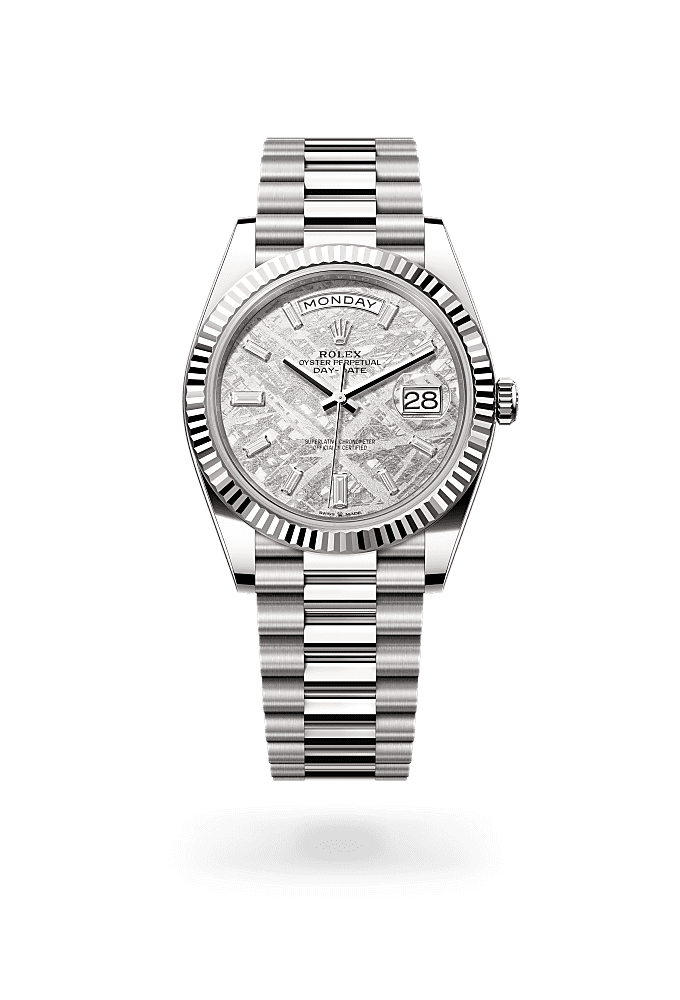 星期日历型 40, 蚝式,40毫米,白色黄金, 表盘 : 陨石,镶钻石, Rolex