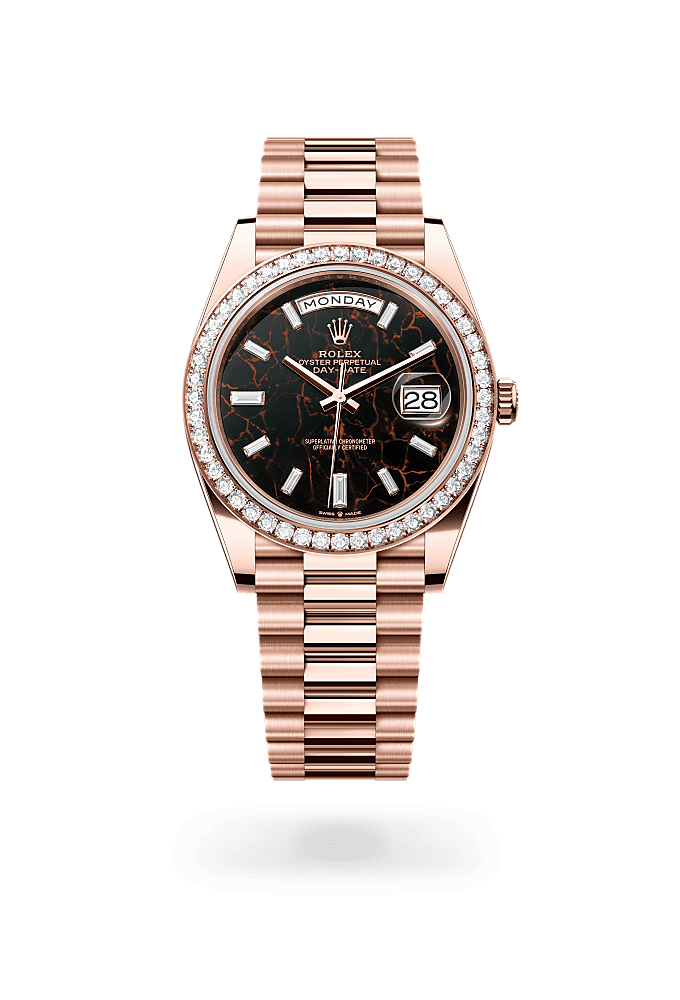 星期日历型 40, 蚝式，40毫米，钻石及永恒玫瑰金, 表盘 : 赤铁石英，镶钻石, Rolex