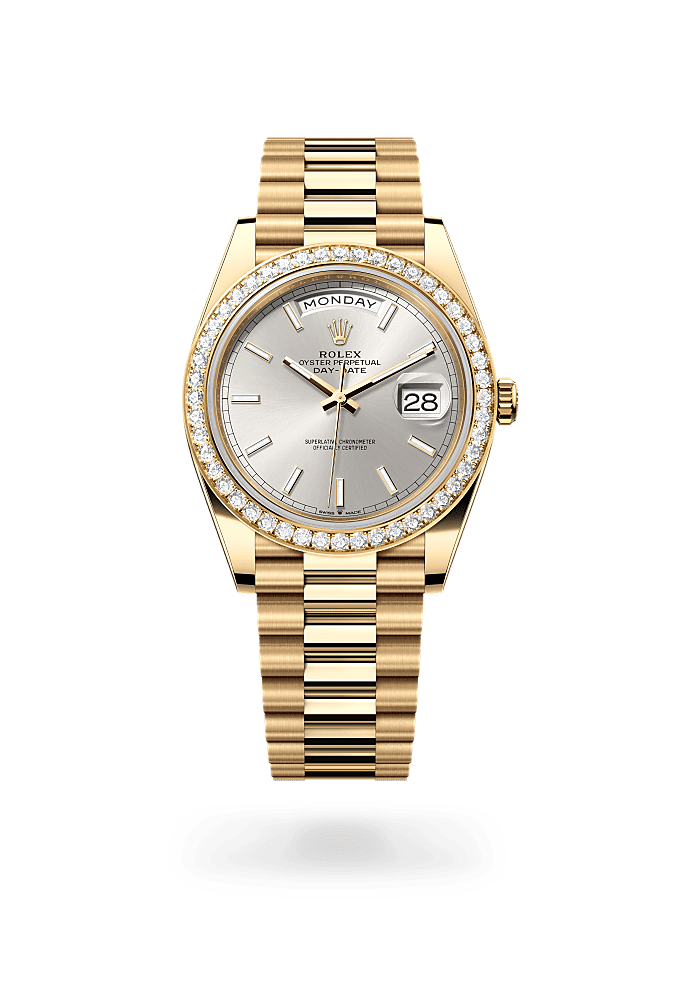 星期日历型 40, 蚝式，40毫米，钻石及黄金, 表盘 : 银色, Rolex
