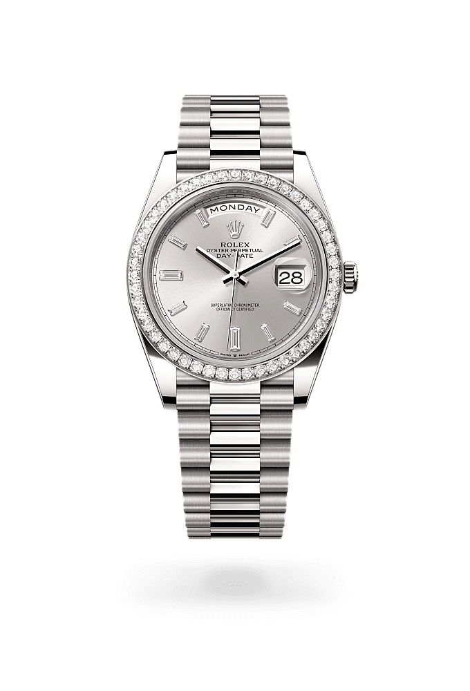 星期日历型 40, 蚝式，40毫米，钻石及白色黄金, 表盘 : 银色，镶钻石, Rolex