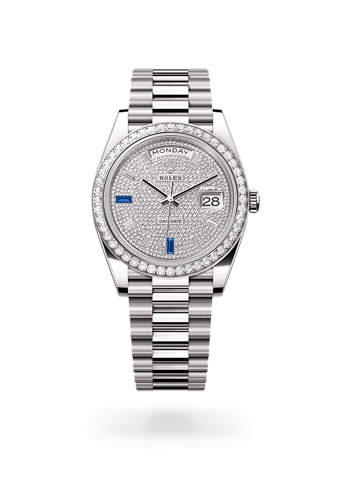星期日历型 40, 蚝式，40毫米，钻石及白色黄金, 表盘 : 密镶钻石及蓝宝石, Rolex