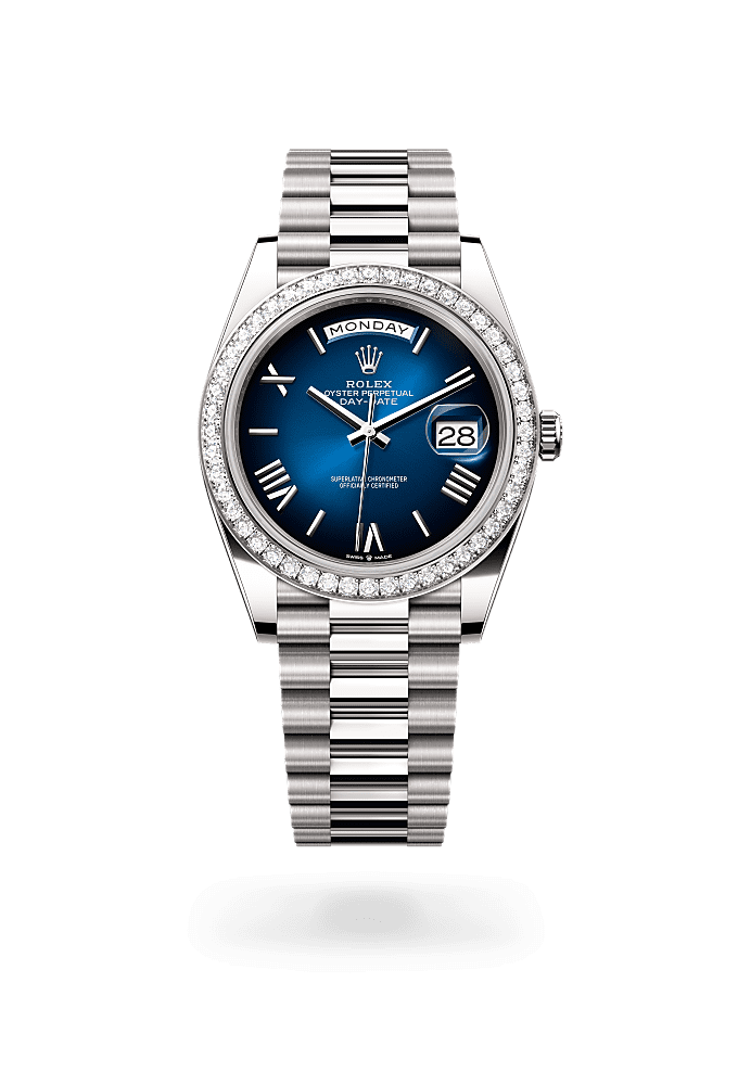 星期日历型 40, 蚝式，40毫米，钻石及白色黄金, 表盘 : 渐变蓝色, Rolex