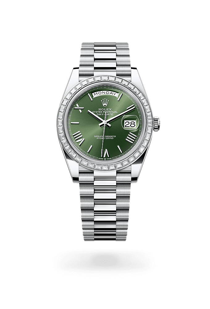 Day-Date 40, Oyster, 40 mm, platinum and diamonds, Dial : Olive green, Rolex