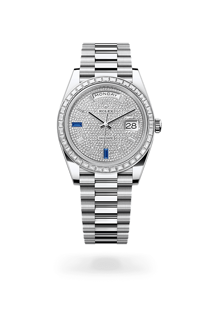 星期日历型 40, 蚝式，40毫米，钻石及铂金, 表盘 : 密镶钻石及蓝宝石, Rolex